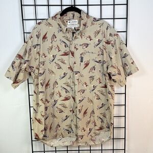 Vintage Columbia S/S Shirt Mens L Tan Fly Fishing Lure‎ Button Up Outdoor Casual